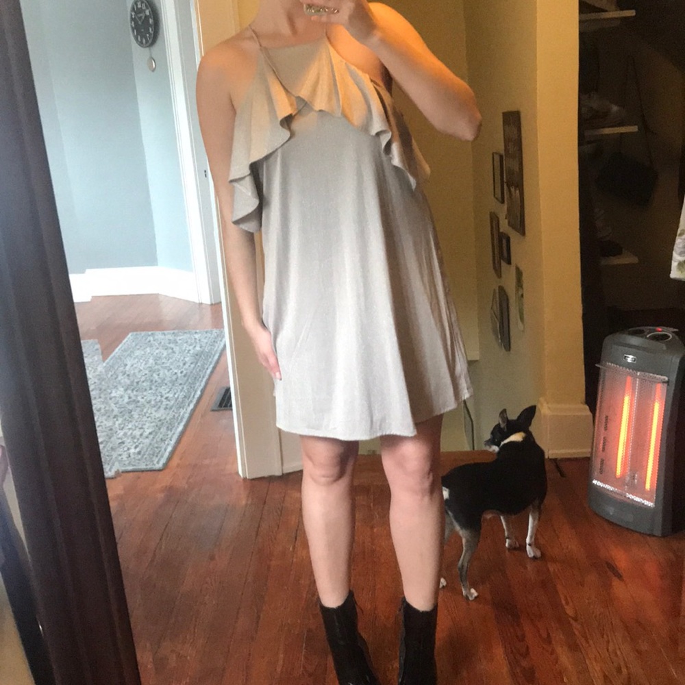 Shimmery gold mini dress with ruffled high neck